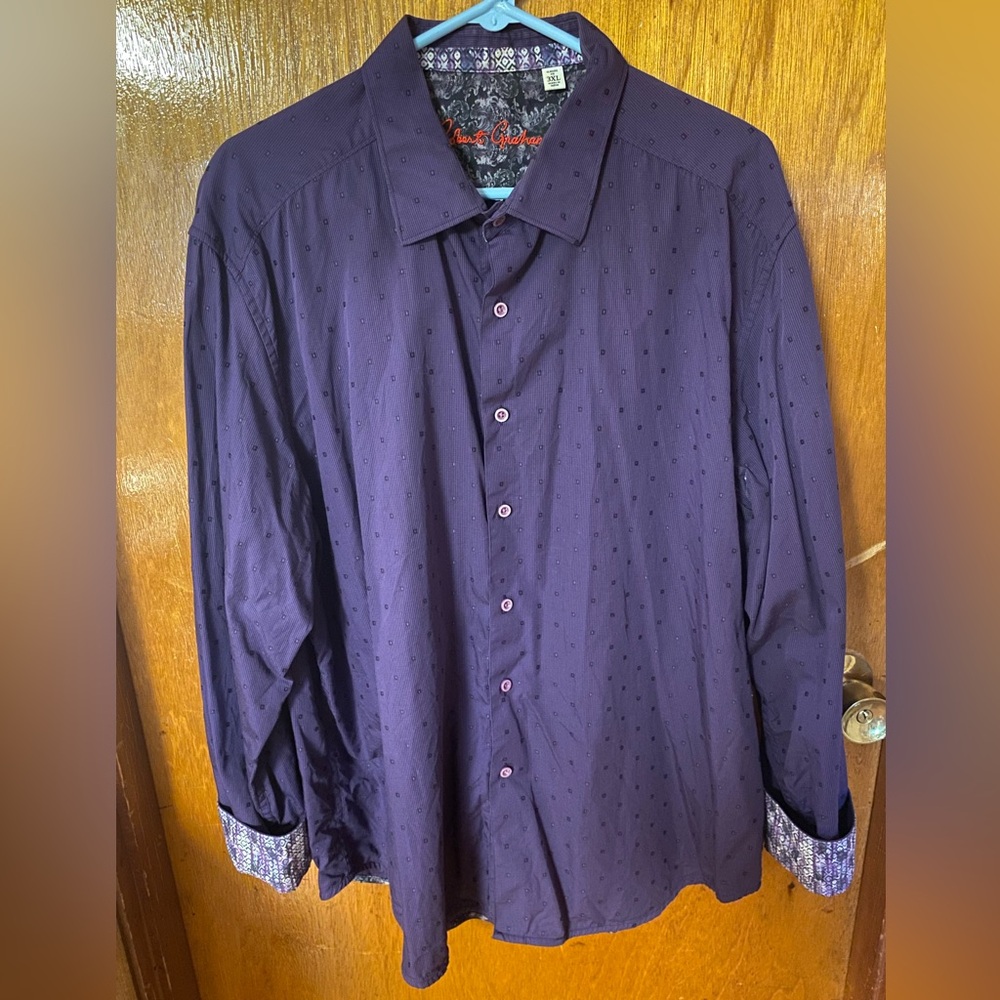 Robert Graham Men’s Casual Button Down Shirt 3XL in Purple with Geometric Cuffs